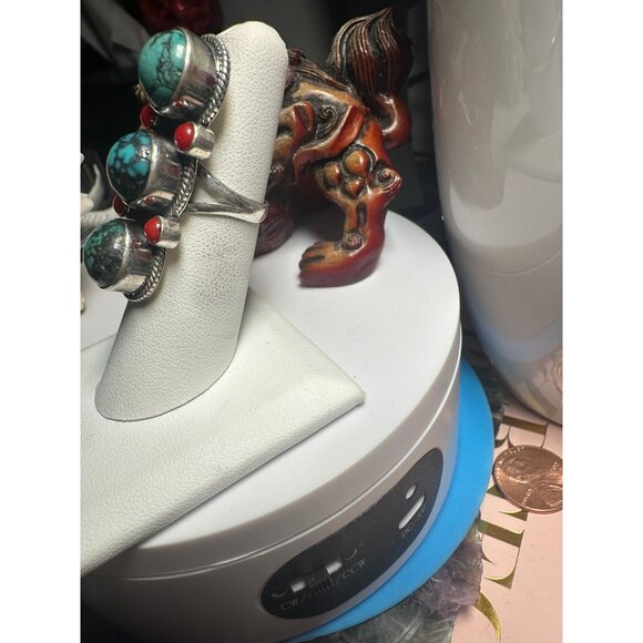 VTG Sterling Silver Red Coral Turquoise Ring - Picture 4 of 7